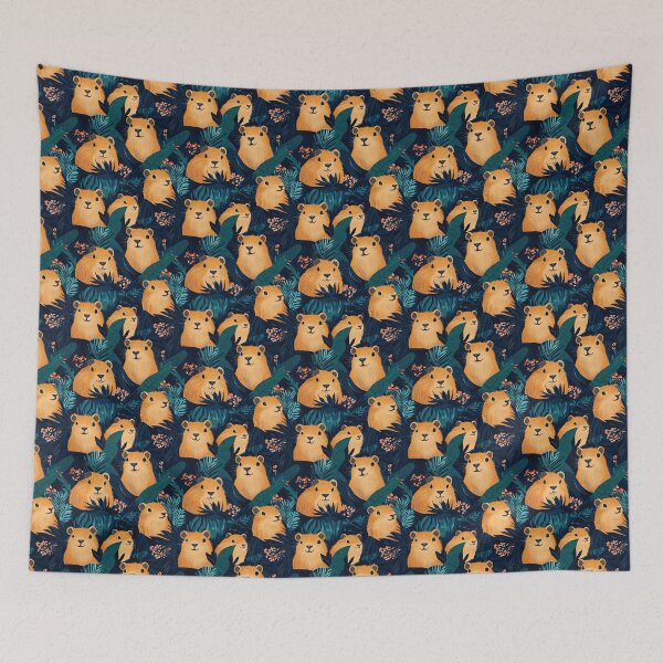 Item preview, capybaras in dark dense jungle leaves designed and sold by PoppyLaneStudio.