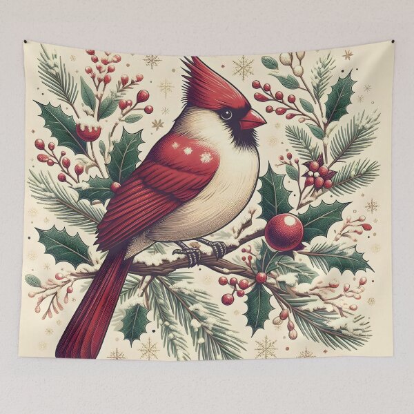 Item preview, Vibrant Cardinal Bird on Snow-Dusted Holly Branch - Festive Winter Illustration designed and sold by PandaTShirtShop.