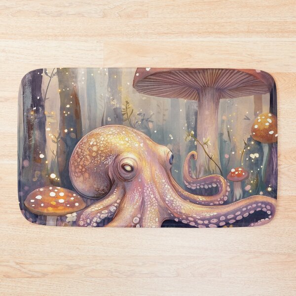Item preview, Shimmering spores, glowing mushrooms, and an octopus guardian of the forest designed and sold by SporeandCanvas.
