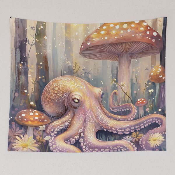 Item preview, Shimmering spores, glowing mushrooms, and an octopus guardian of the forest designed and sold by SporeandCanvas.
