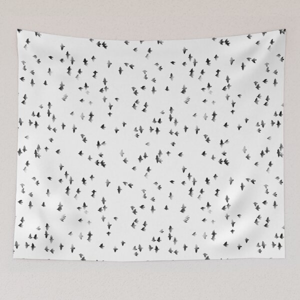 Item preview, Black flying birds silhouettes on white background minimalist pattern. Pencil sketch modern japandi  designed and sold by helga-wigandt.