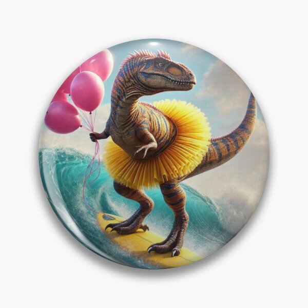 Aperçu de l'œuvre Dinosaure en tutu tenant des ballons en train de surfer créée et vendue par BackgroundND.