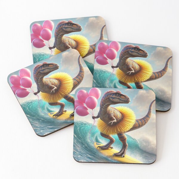 Item preview, Dinosaur in tutu holding balloons surfing designed and sold by BackgroundND.
