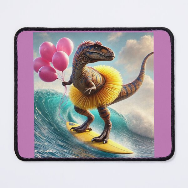 Item preview, Dinosaur in tutu holding balloons surfing designed and sold by BackgroundND.