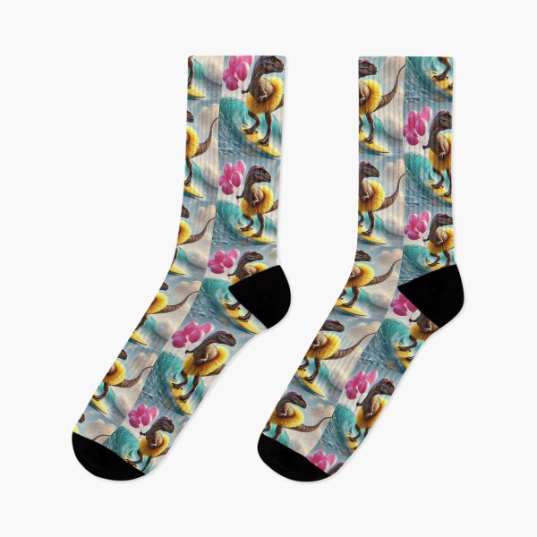 Item preview, Dinosaur in tutu holding balloons surfing designed and sold by BackgroundND.