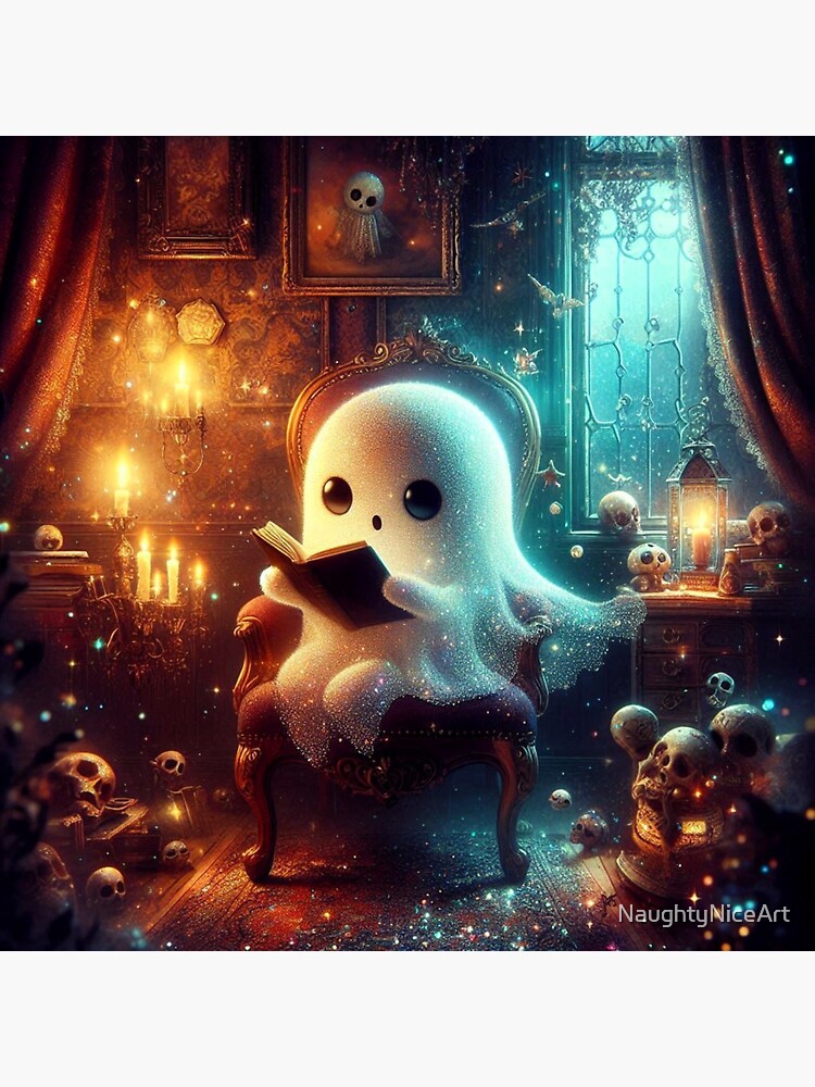 Thumbnail 3 of 3, Sticker, Bookworm Ghosty Friend designed and sold by NaughtyNiceArt.