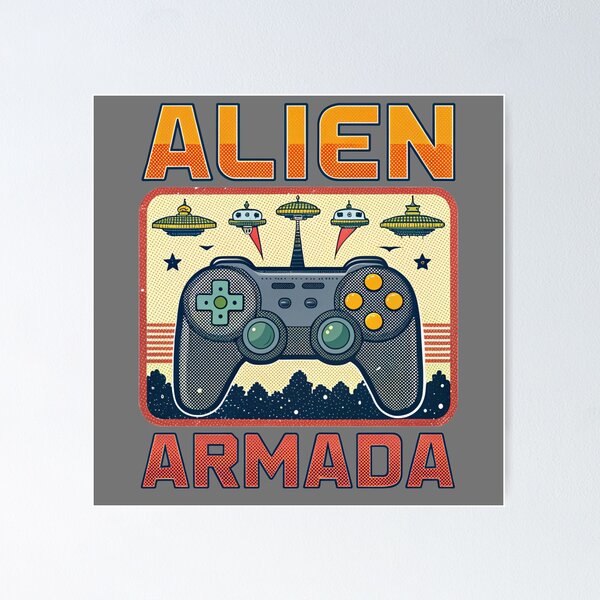Vista previa del artículo con la obra «Alien Armada - Videojuego retro», diseñado y vendido por Lucky Dog Merch.