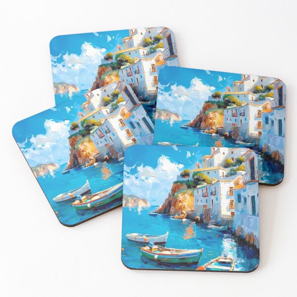 Item preview, Tranquil Coastal Haven – White Houses and Boats by the Sea designed and sold by Artistic canvas store.