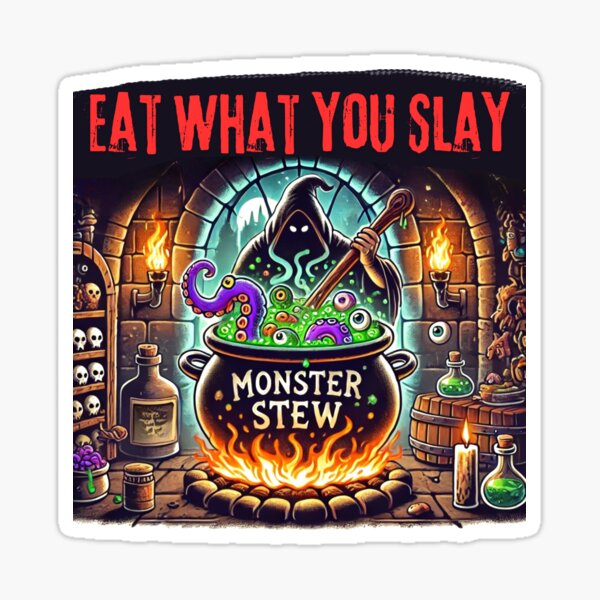 Aperçu de l'œuvre Délicieux ragoût de monstres mangez ce que vous tuez dans le donjon T-shirt drôle de donjon Meshi pour les amateurs de jeux de société Fans de DnD T-shirt de jeu de société créée et vendue par Merchdusa.