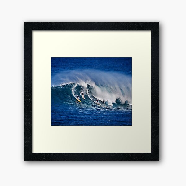 Three Surfers At Waimea Bay Framed Art Print