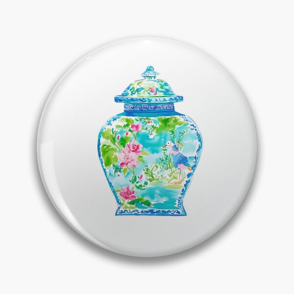 Item preview, Chinoiserie jar in pink, green and turquoise watercolor designed and sold by SophieClimaArt.