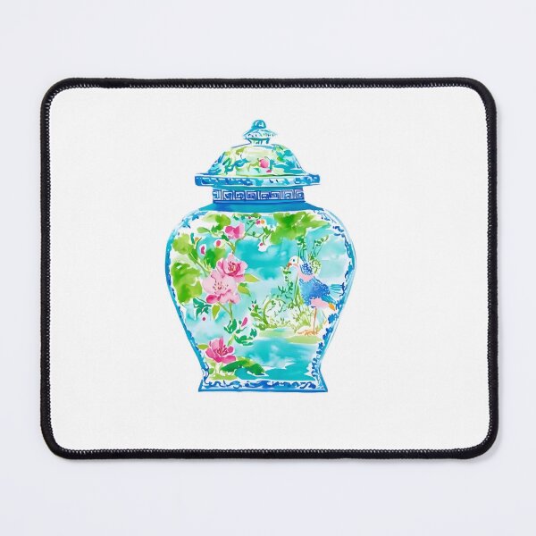 Item preview, Chinoiserie jar in pink, green and turquoise watercolor designed and sold by SophieClimaArt.