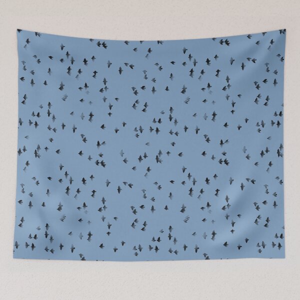 Item preview,  Black flying birds silhouettes on blue background minimalist pattern. Pencil sketch modern japandi  designed and sold by helga-wigandt.