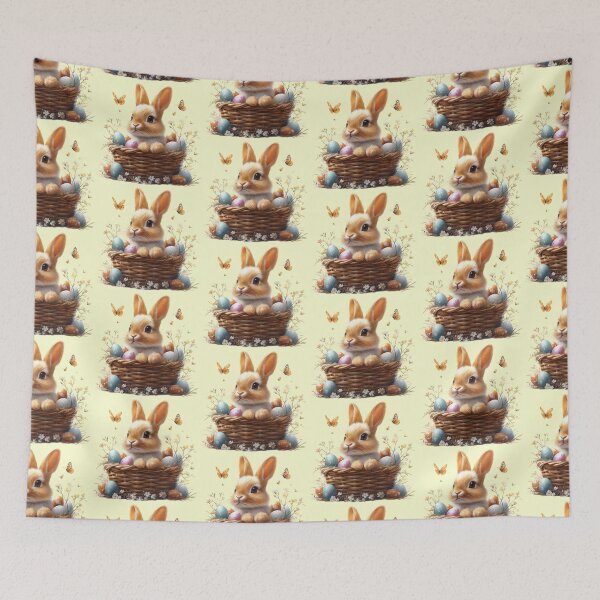 Item preview, Cute Bunny in a basket with Easter eggs surrounded by butterfly Yellow designed and sold by Sototos® ⭐⭐⭐⭐⭐.