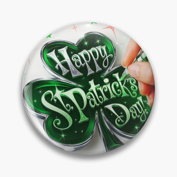 Item preview, Happy St Patrick's day text written on a sparkling green-silver clover onto a sketchbook while a hand drawing it with a transparent glowing pen digitalart designed and sold by EmeraldeaArt.