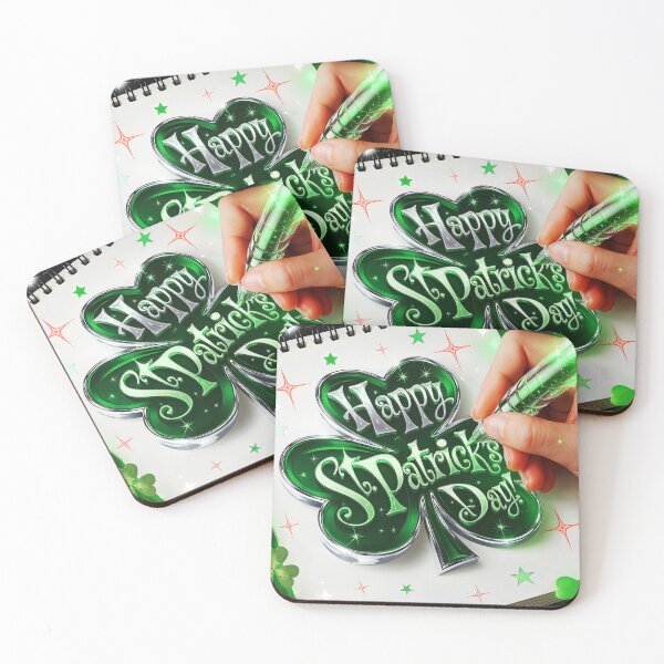 Item preview, Happy St Patrick's day text written on a sparkling green-silver clover onto a sketchbook while a hand drawing it with a transparent glowing pen digitalart designed and sold by EmeraldeaArt.