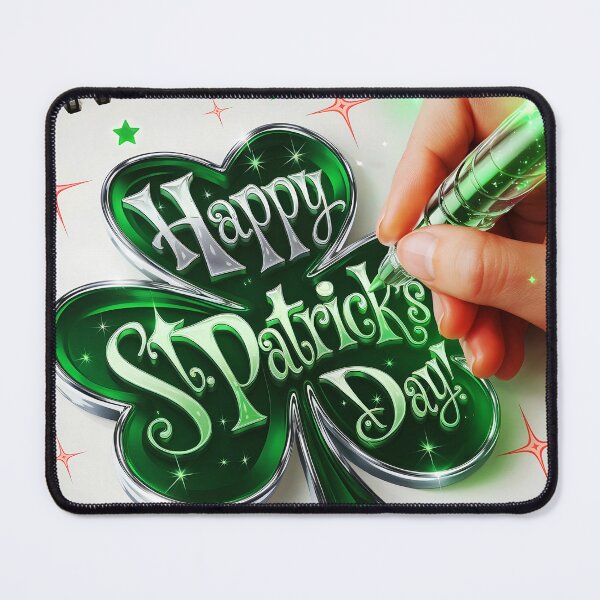 Item preview, Happy St Patrick's day text written on a sparkling green-silver clover onto a sketchbook while a hand drawing it with a transparent glowing pen digitalart designed and sold by EmeraldeaArt.
