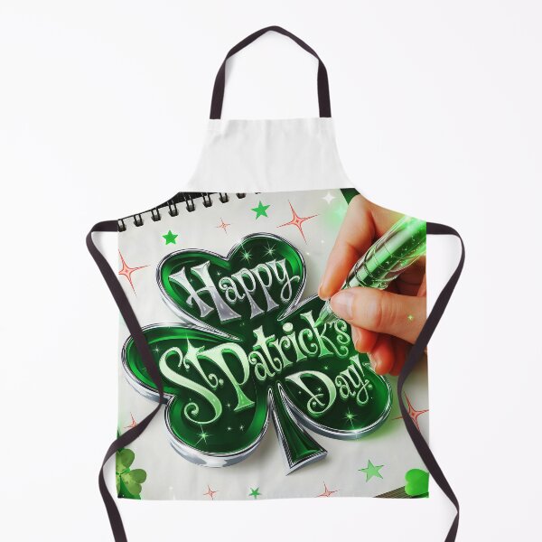 Item preview, Happy St Patrick's day text written on a sparkling green-silver clover onto a sketchbook while a hand drawing it with a transparent glowing pen digitalart designed and sold by EmeraldeaArt.