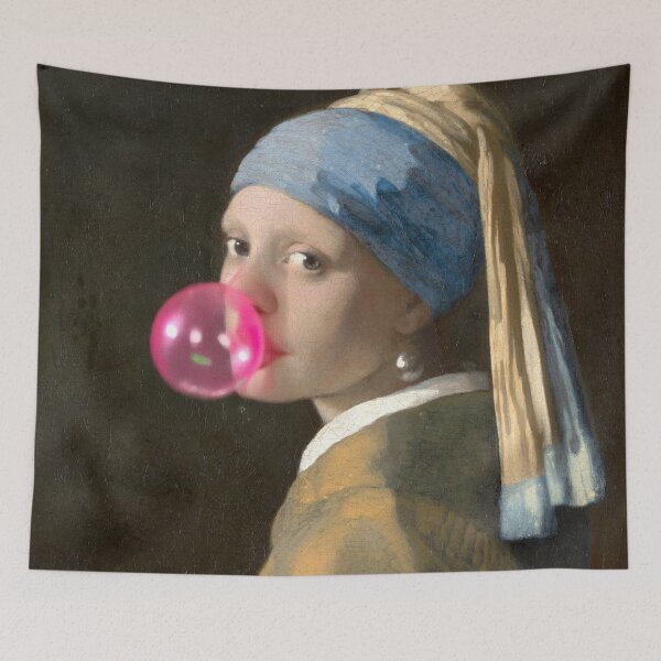 Item preview, Girl with pearl earring blowing a  pink balloon  designed and sold by Photopat.