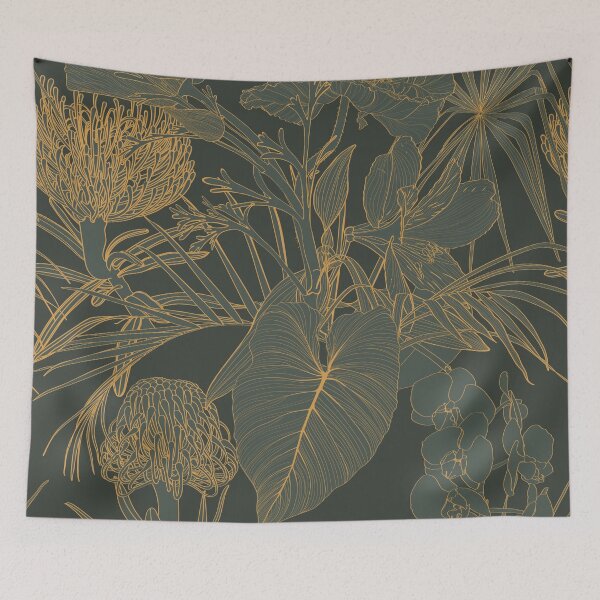 Item preview, Foliage seamless pattern, protea plant, Alstroemeria flower, branches, leaves line art ink drawing in golden line. designed and sold by MatyKotiv.