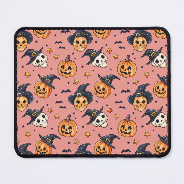 Item preview, witchy skulls and pumpkins on soft red background designed and sold by PoppyLaneStudio.