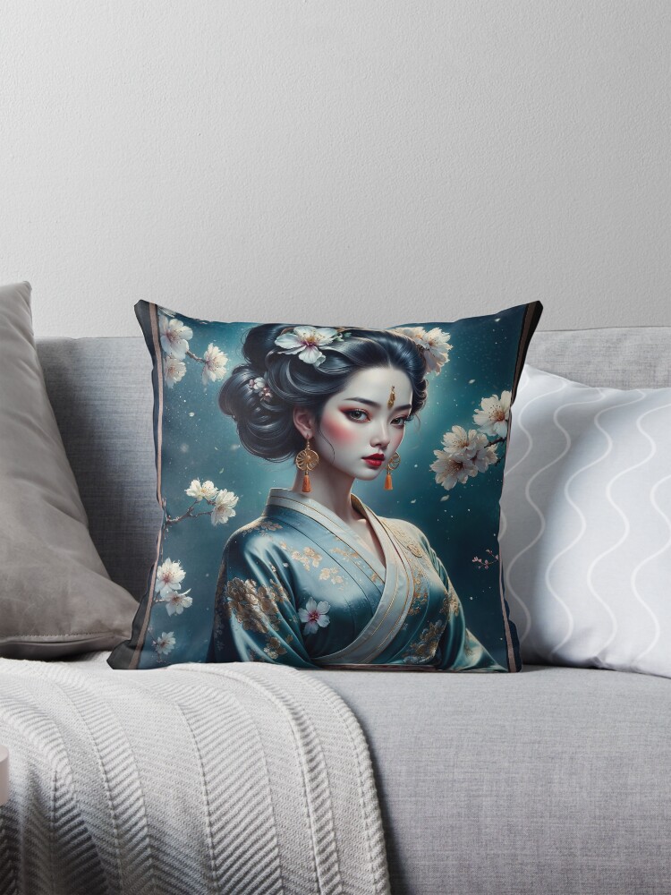 Elegant Portrait Of The Serene Beauty Of Kiyoaki Hanae, Gorgeous AI Concept Art by Xzendor7 Decorative Art Print Throw Pillow