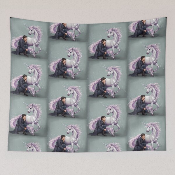 Item preview, Man Enchanted Unicorn Elven Companionship Fantasy Magic White  designed and sold by ART ATTACK ZONE.