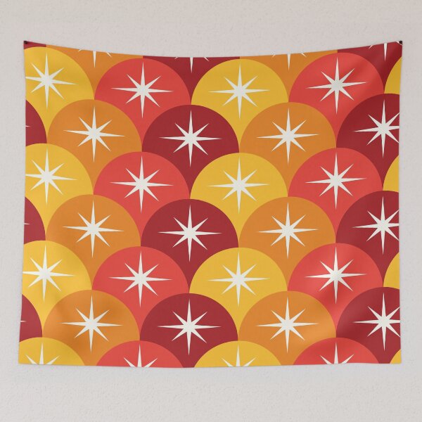 Item preview,   Mid Century Starbursts on red , orange and yellow Scallop Ogee Pattern  designed and sold by Yasminepatterns .