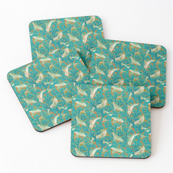 Item preview, WHITE FISHES AND ALGAES ,AQUA BLUE GREEN  Art Nouveau Animal Pattern designed and sold by BulganLumini.