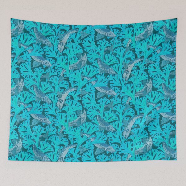 Item preview, FISHES AND ALGAES IN AQUA BLUE  Art Nouveau Animal Pattern designed and sold by BulganLumini.