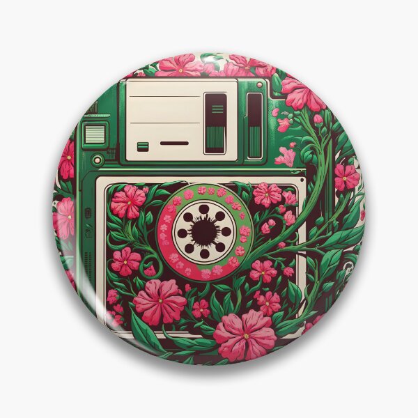 Item preview, Pink floral decorated overgrown intertwined floppy disc retro vintage tech art designed and sold by EmeraldeaArt.