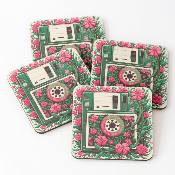 Item preview, Pink floral decorated overgrown intertwined floppy disc retro vintage tech art designed and sold by EmeraldeaArt.