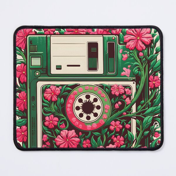 Item preview, Pink floral decorated overgrown intertwined floppy disc retro vintage tech art designed and sold by EmeraldeaArt.