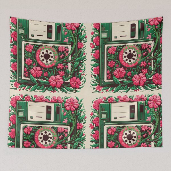 Item preview, Pink floral decorated overgrown intertwined floppy disc retro vintage tech art designed and sold by EmeraldeaArt.