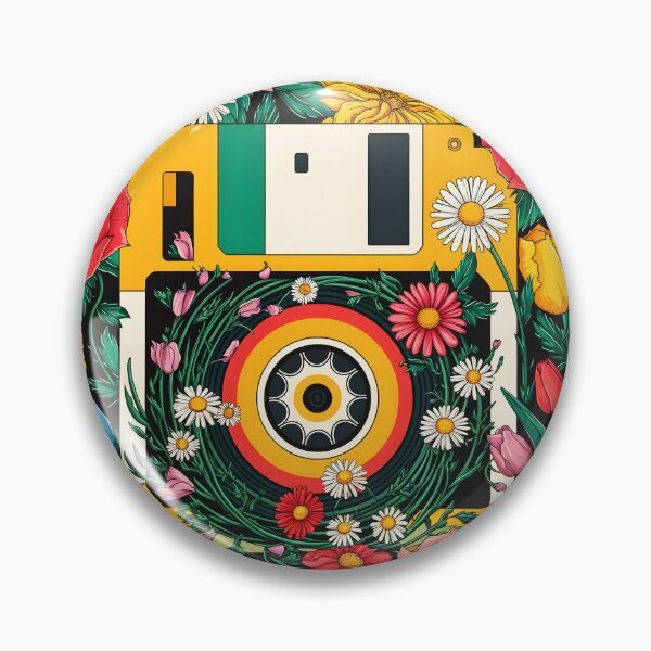 Item preview, Yellow floppy surrounded and overgrowned by flowers flat art style retro IT tech art designed and sold by EmeraldeaArt.