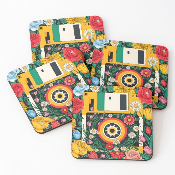 Item preview, Yellow floppy surrounded and overgrowned by flowers flat art style retro IT tech art designed and sold by EmeraldeaArt.