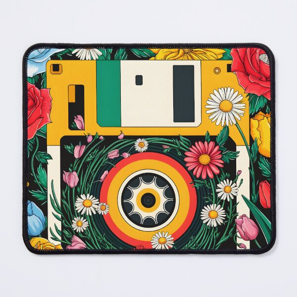 Item preview, Yellow floppy surrounded and overgrowned by flowers flat art style retro IT tech art designed and sold by EmeraldeaArt.