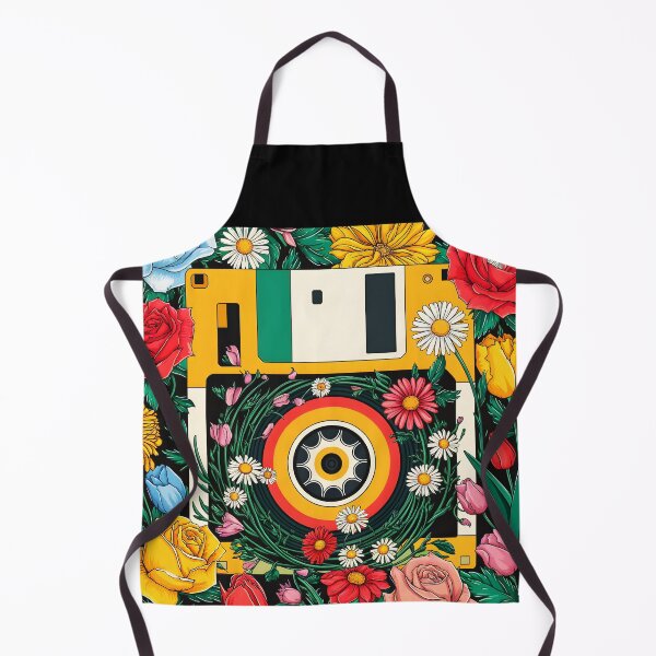 Item preview, Yellow floppy surrounded and overgrowned by flowers flat art style retro IT tech art designed and sold by EmeraldeaArt.