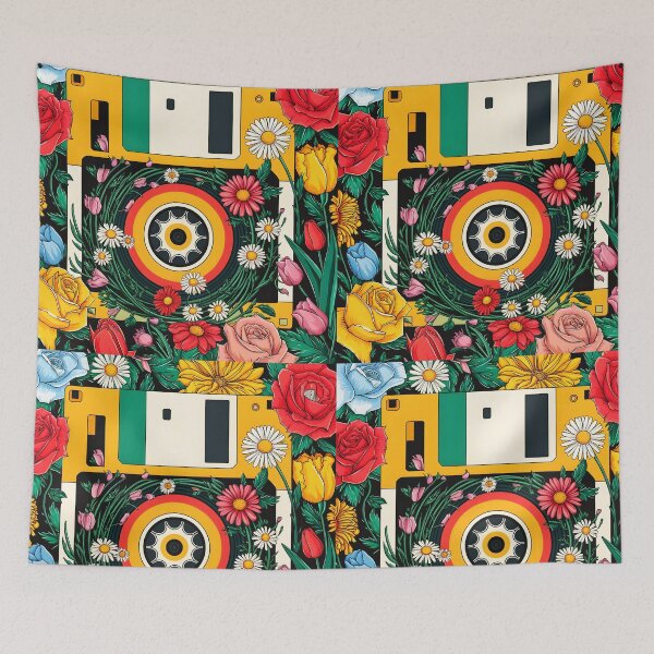 Item preview, Yellow floppy surrounded and overgrowned by flowers flat art style retro IT tech art designed and sold by EmeraldeaArt.