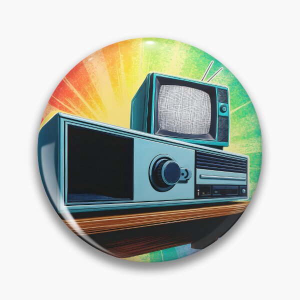 Item preview, Vintage television and radio on a shelf against a rainbow wall retro IT tech art designed and sold by EmeraldeaArt.