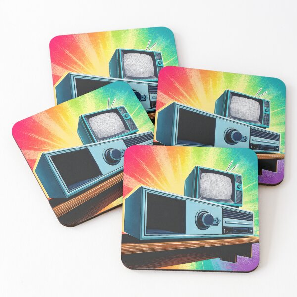 Item preview, Vintage television and radio on a shelf against a rainbow wall retro IT tech art designed and sold by EmeraldeaArt.