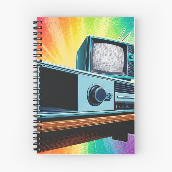 Item preview, Vintage television and radio on a shelf against a rainbow wall retro IT tech art designed and sold by EmeraldeaArt.