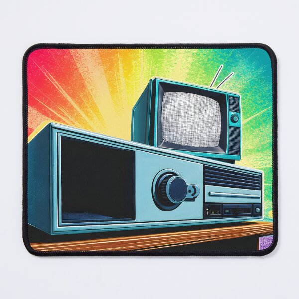 Item preview, Vintage television and radio on a shelf against a rainbow wall retro IT tech art designed and sold by EmeraldeaArt.