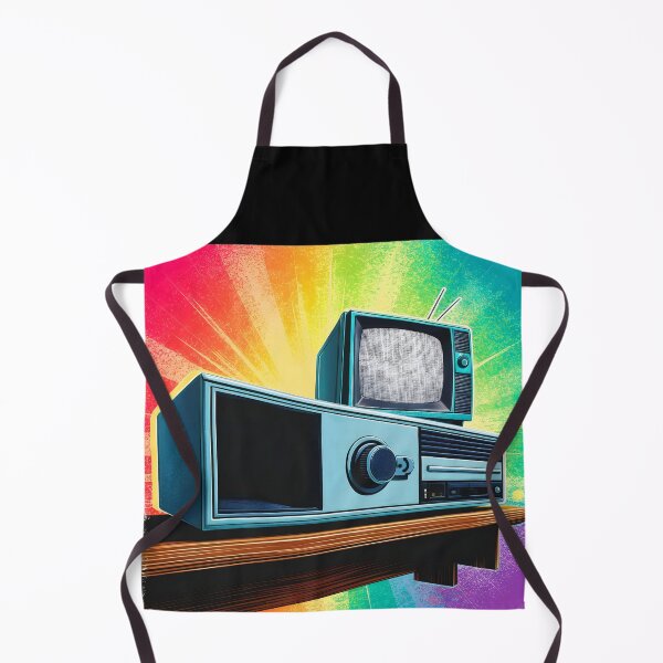 Item preview, Vintage television and radio on a shelf against a rainbow wall retro IT tech art designed and sold by EmeraldeaArt.