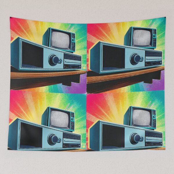 Item preview, Vintage television and radio on a shelf against a rainbow wall retro IT tech art designed and sold by EmeraldeaArt.