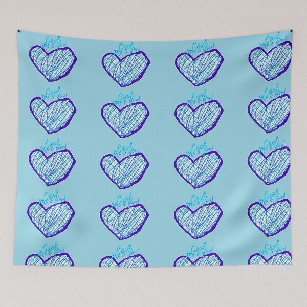 Item preview, Blue heart hand drawn with words cool you and me on blue background  designed and sold by wallartofmio.