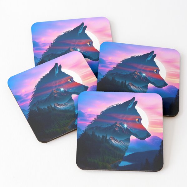 Item preview, Mountains and a wolf amost transparent shape silhuette in a purple sunset digitalart designed and sold by EmeraldeaArt.