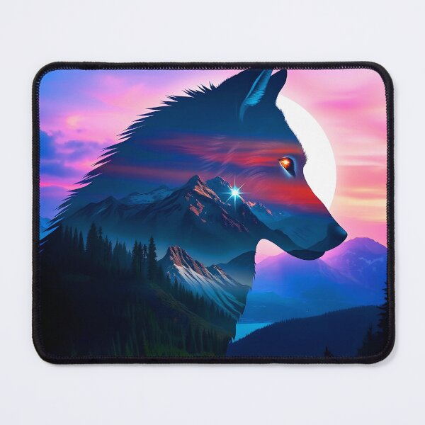 Item preview, Mountains and a wolf amost transparent shape silhuette in a purple sunset digitalart designed and sold by EmeraldeaArt.