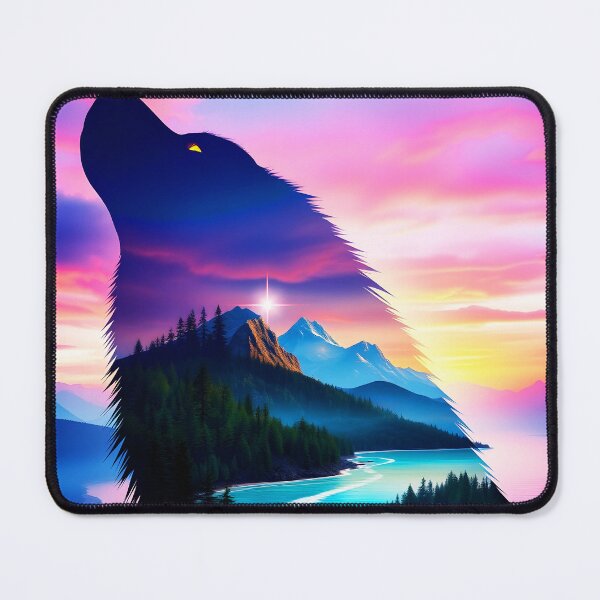 Item preview, Mountain landscape in the silhuette of a howling wolf in blue and purple hues digitalart designed and sold by EmeraldeaArt.