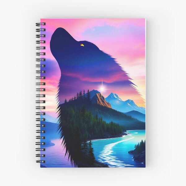 Item preview, Mountain landscape in the silhuette of a howling wolf in blue and purple hues digitalart designed and sold by EmeraldeaArt.